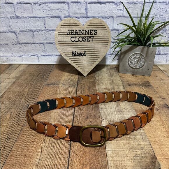 Accessories - Vintage Mod 70s Belt Brown Green Leather Link Wide Boho Hippie Womens